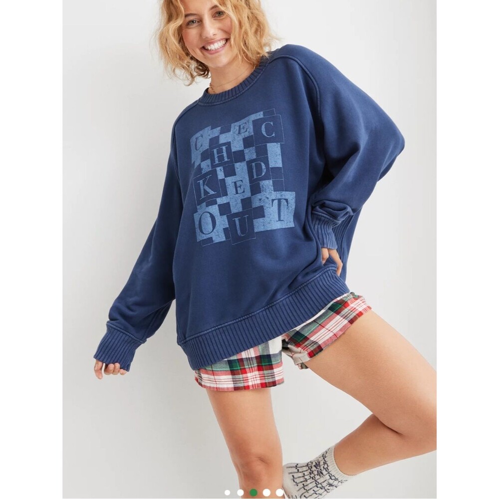 aerie oversized lounge Blue checked out Crewneck Sweater size medium